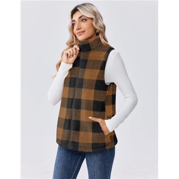 Vest For Women Sleeveless Brown Plaid - Picture 5 of 6